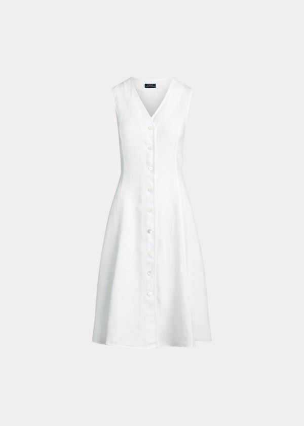 Ralph Lauren Buttoned-Placket Linen Šaty Bílé | j01MiTZl