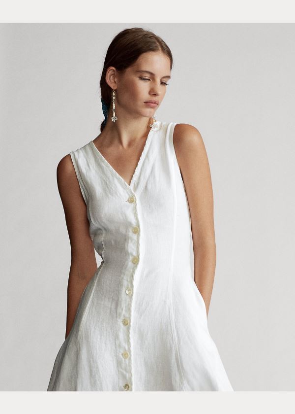 Ralph Lauren Buttoned-Placket Linen Šaty Bílé | j01MiTZl