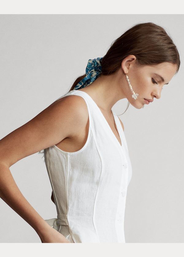 Ralph Lauren Buttoned-Placket Linen Šaty Bílé | j01MiTZl