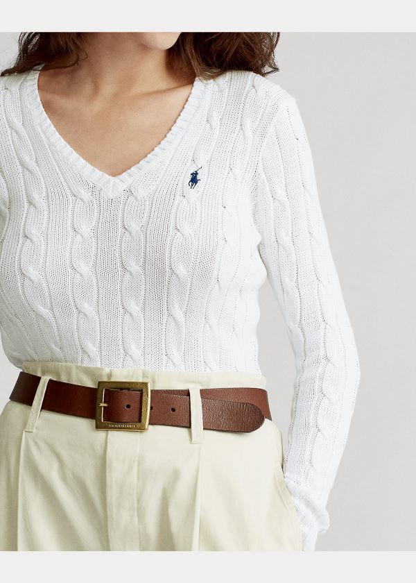 Ralph Lauren Cable-Knit V-Neck Svetrové Bílé | Pl9TUVNa
