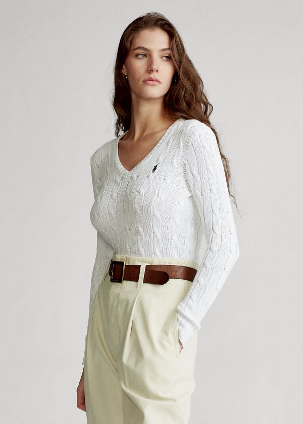 Ralph Lauren Cable-Knit V-Neck Svetrové Bílé | Pl9TUVNa