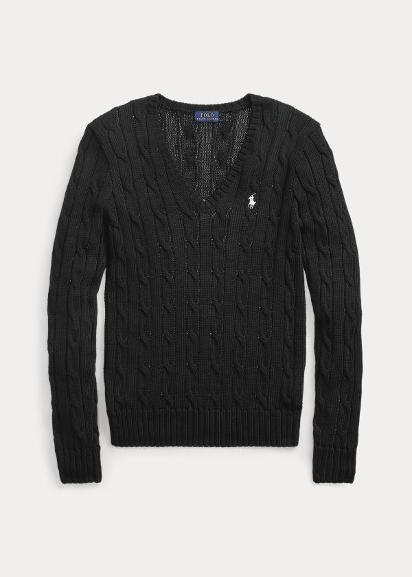 Ralph Lauren Cable-Knit V-Neck Svetrové Černé Bílé | gVPlU7Lx