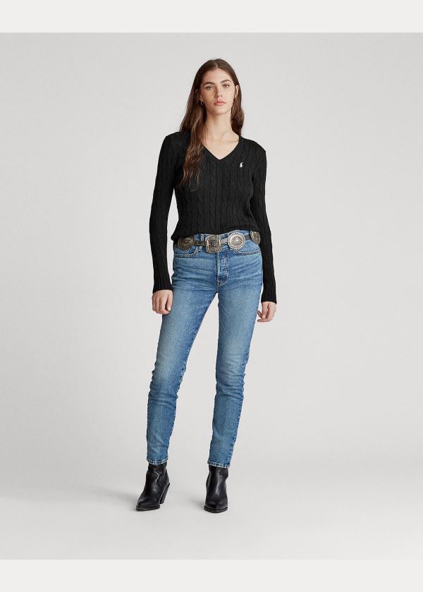 Ralph Lauren Cable-Knit V-Neck Svetrové Černé Bílé | gVPlU7Lx