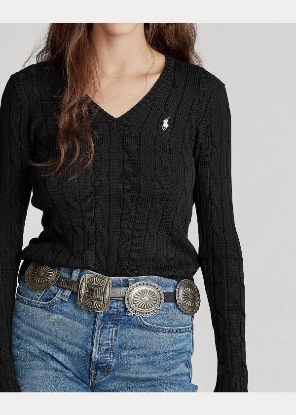 Ralph Lauren Cable-Knit V-Neck Svetrové Černé Bílé | gVPlU7Lx