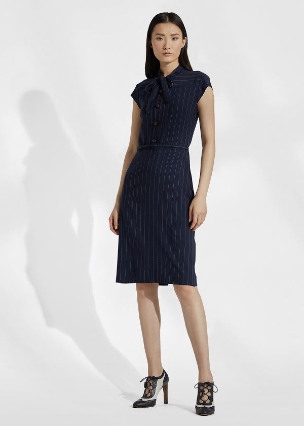 Ralph Lauren Carlisle Wool Twill Day Šaty Tmavě Blankyt Krém | ZNgDpANM