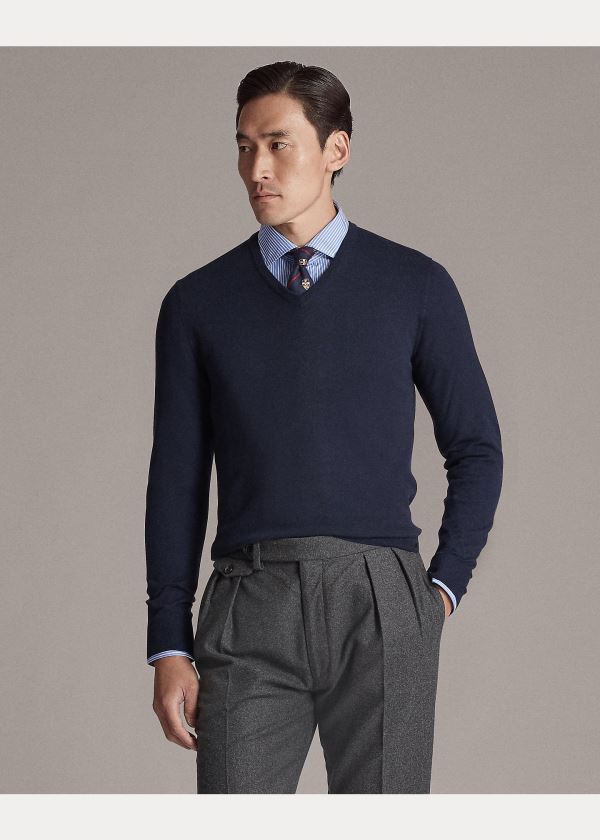 Ralph Lauren Cashmere V-Neck Svetrové Tmavě Blankyt | OfZOiPo0