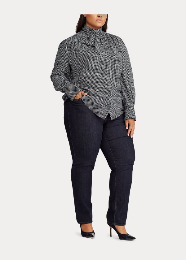 Ralph Lauren Check-Print Tie-Neck Top Tmavě Blankyt Bílé | 67YhKR2s