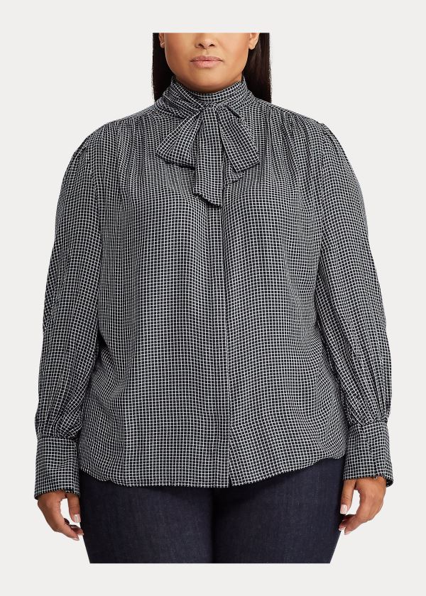Ralph Lauren Check-Print Tie-Neck Top Tmavě Blankyt Bílé | 67YhKR2s