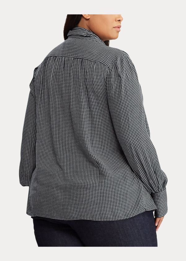 Ralph Lauren Check-Print Tie-Neck Top Tmavě Blankyt Bílé | 67YhKR2s