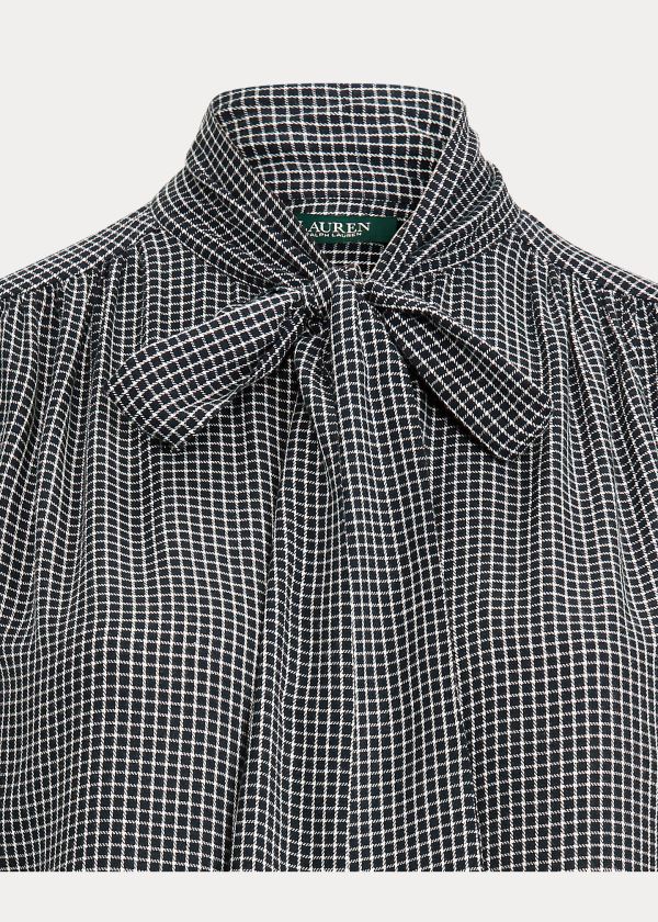 Ralph Lauren Check-Print Tie-Neck Top Tmavě Blankyt Bílé | 67YhKR2s