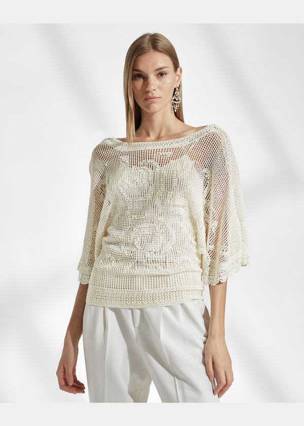 Ralph Lauren Crocheted Floral Bateau Top Krém | z9VdJblW