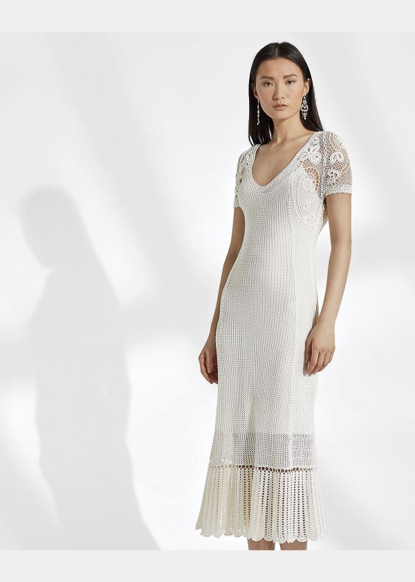 Ralph Lauren Crocheted Silk Šaty Krém | KP6nBtLg
