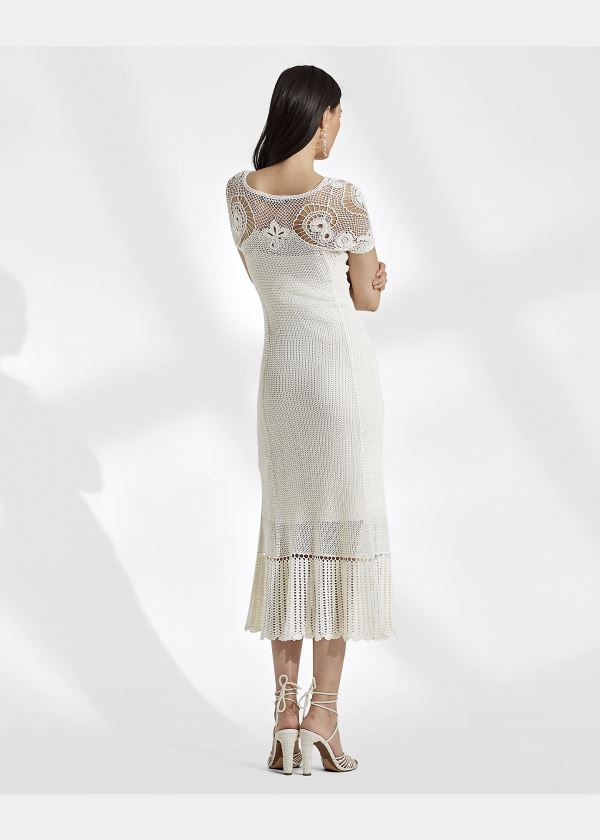 Ralph Lauren Crocheted Silk Šaty Krém | KP6nBtLg