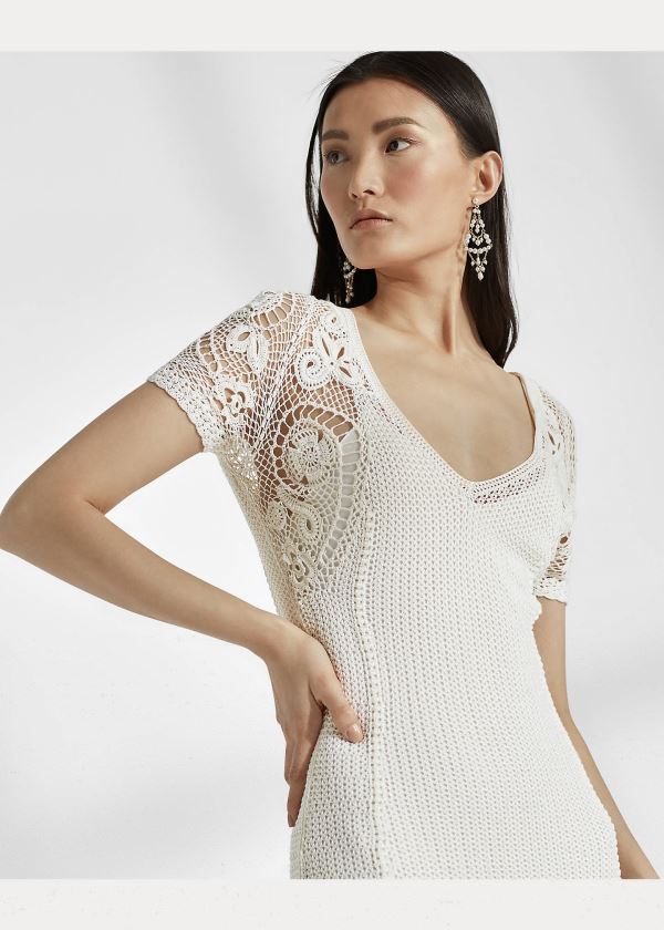 Ralph Lauren Crocheted Silk Šaty Krém | KP6nBtLg