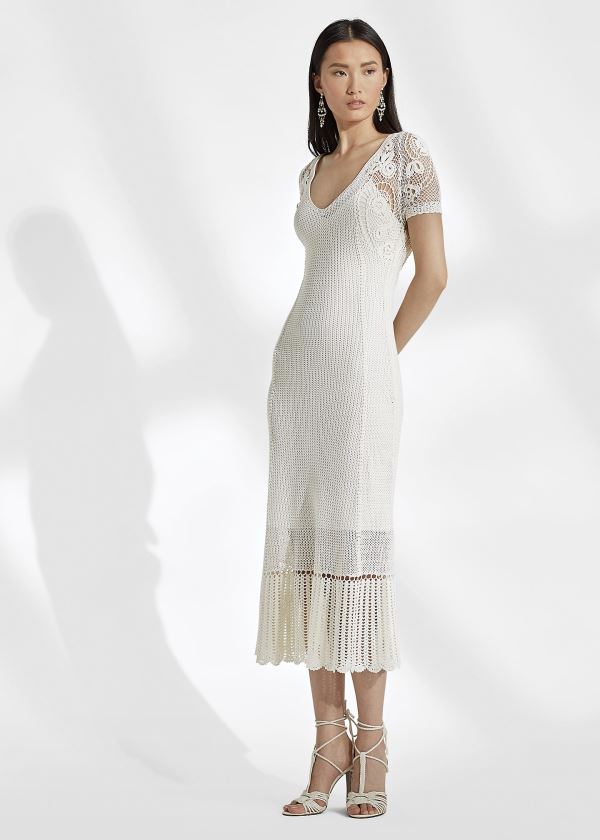 Ralph Lauren Crocheted Silk Šaty Krém | KP6nBtLg
