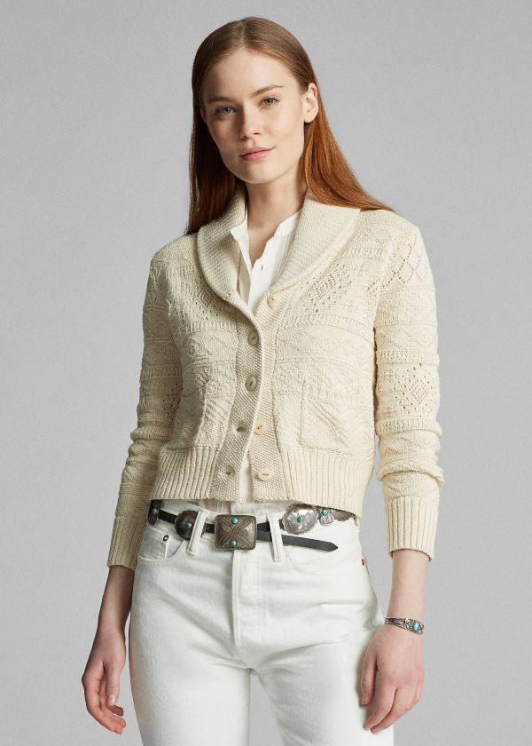 Ralph Lauren Cropped Bavlněné-Silk Cardigan Krém | 64ZUKjS1