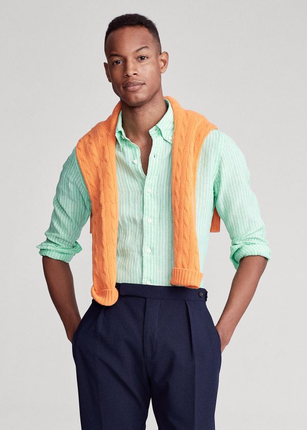 Ralph Lauren Custom Fit Striped Linen Shirt Zelene Bílé | BzBxiZ3s