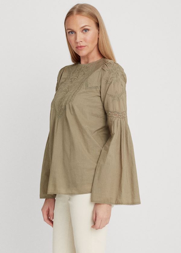 Ralph Lauren Embroidered Bell-Sleeve Top Olivy Zelené | PYZN12S9