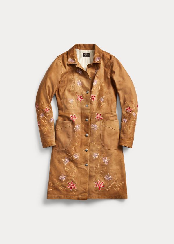 Ralph Lauren Embroidered Læder Jacket Hnědé Hnědožlutý | 1WQlg2RJ