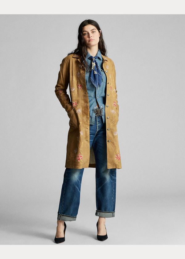Ralph Lauren Embroidered Læder Jacket Hnědé Hnědožlutý | 1WQlg2RJ