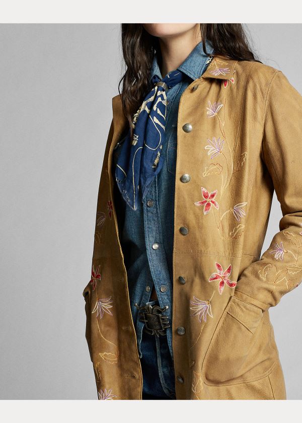 Ralph Lauren Embroidered Læder Jacket Hnědé Hnědožlutý | 1WQlg2RJ