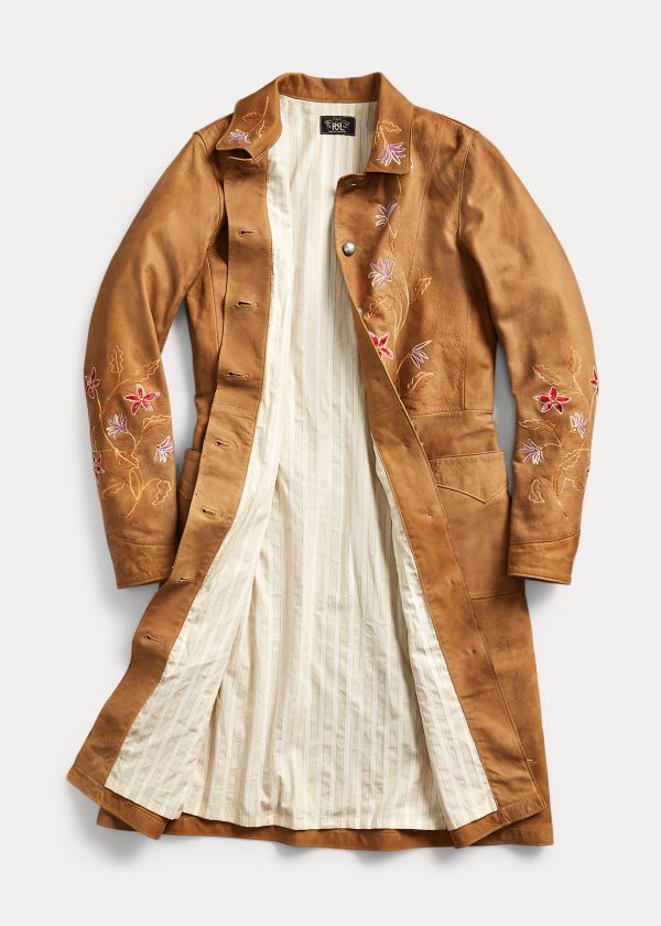 Ralph Lauren Embroidered Læder Jacket Hnědé Hnědožlutý | 1WQlg2RJ