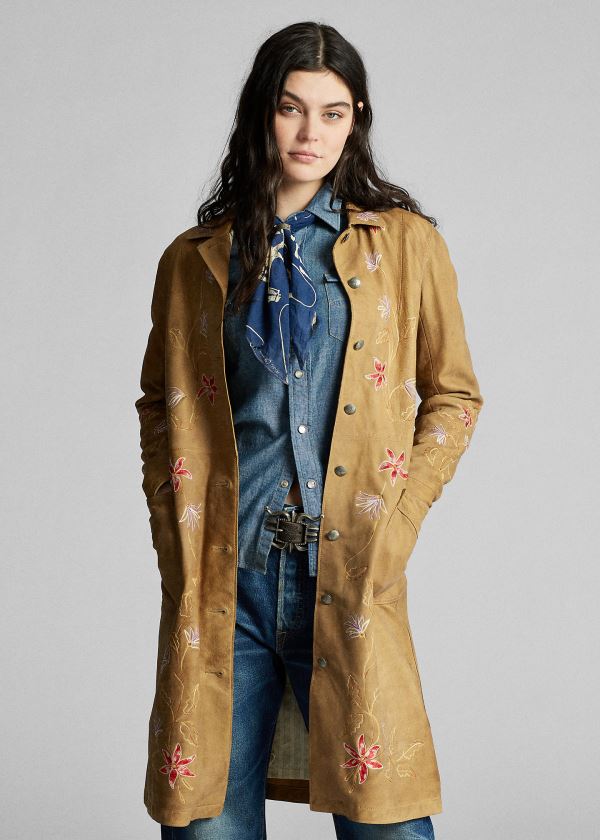 Ralph Lauren Embroidered Læder Jacket Hnědé Hnědožlutý | 1WQlg2RJ