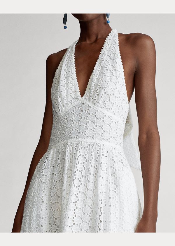 Ralph Lauren Eyelet Bavlněné Halter Šaty Bílé | 7FFoMWA5