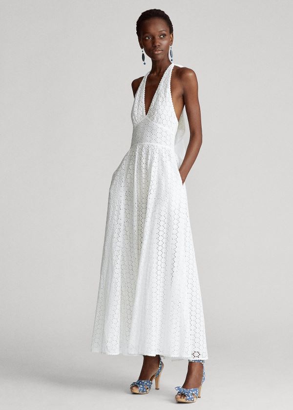 Ralph Lauren Eyelet Bavlněné Halter Šaty Bílé | 7FFoMWA5