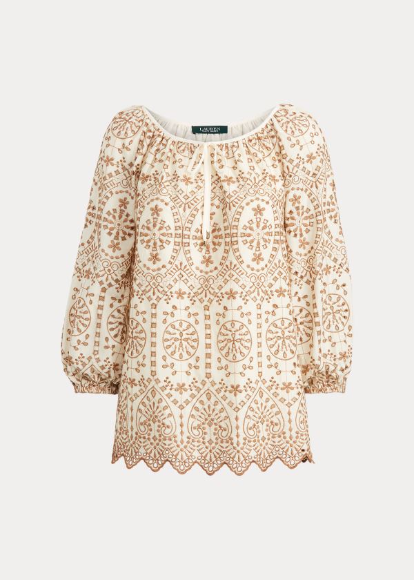 Ralph Lauren Eyelet Elbow-Sleeve Top Béžový Hnědé | IElix13B