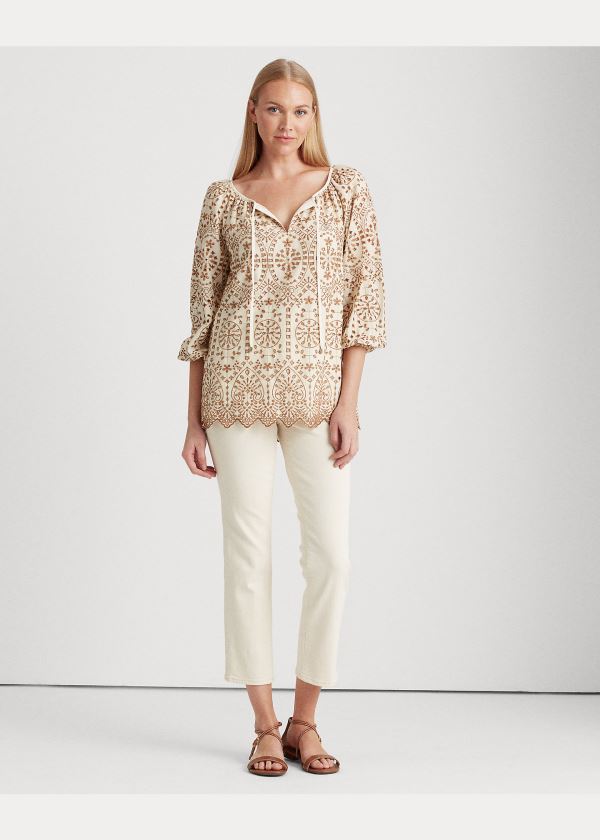 Ralph Lauren Eyelet Elbow-Sleeve Top Béžový Hnědé | IElix13B