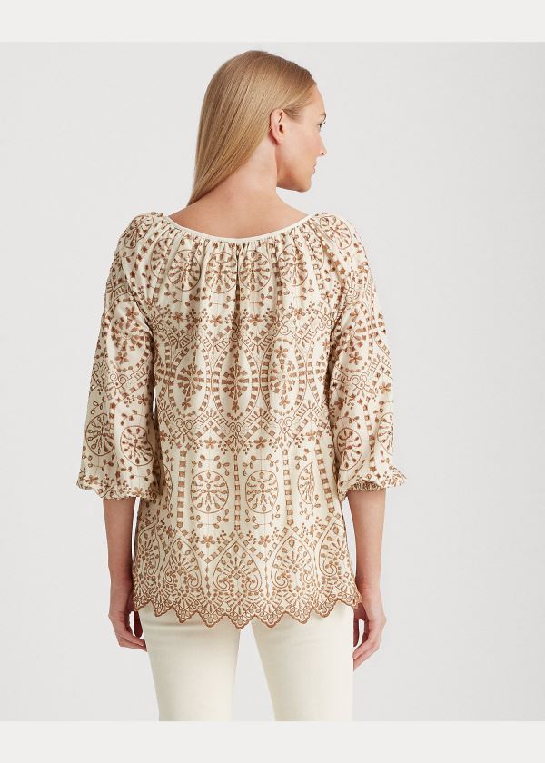 Ralph Lauren Eyelet Elbow-Sleeve Top Béžový Hnědé | IElix13B