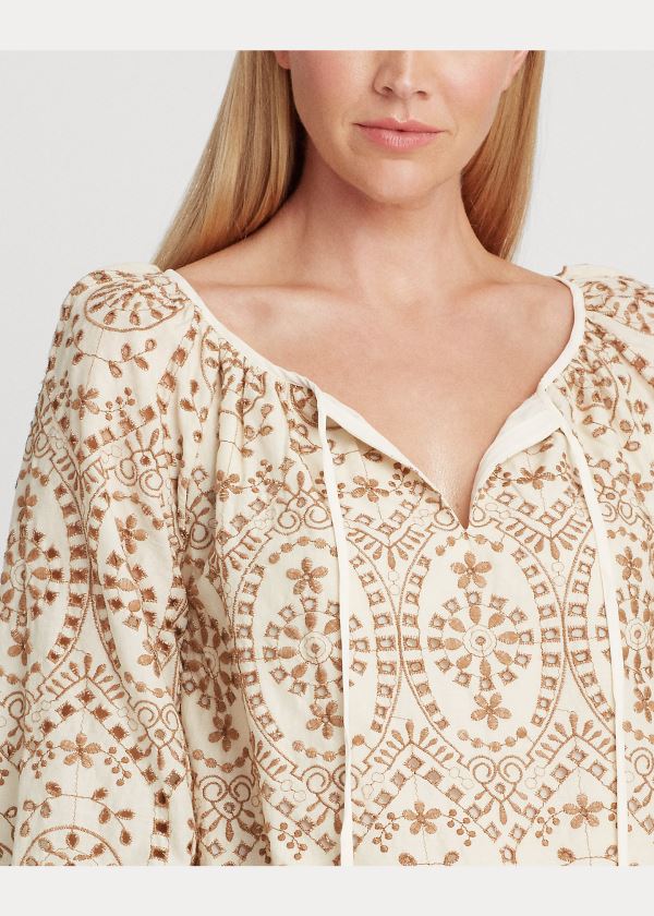 Ralph Lauren Eyelet Elbow-Sleeve Top Béžový Hnědé | IElix13B