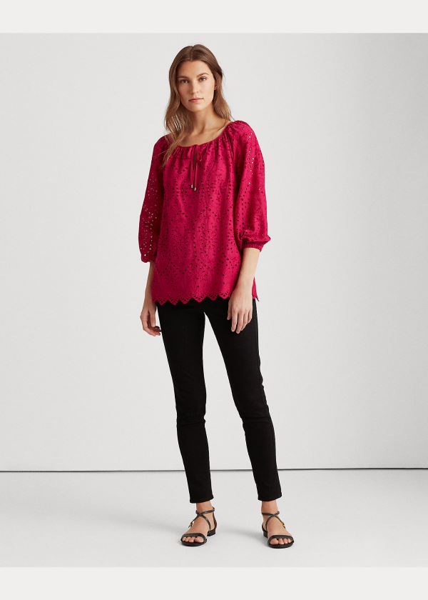 Ralph Lauren Eyelet Elbow-Sleeve Top Tmavě Fuchsie | t2cTfC62