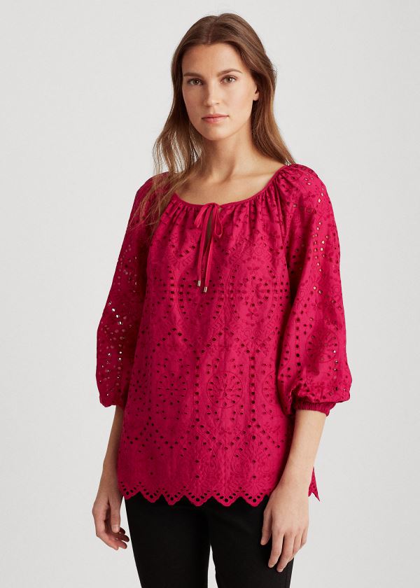 Ralph Lauren Eyelet Elbow-Sleeve Top Tmavě Fuchsie | t2cTfC62