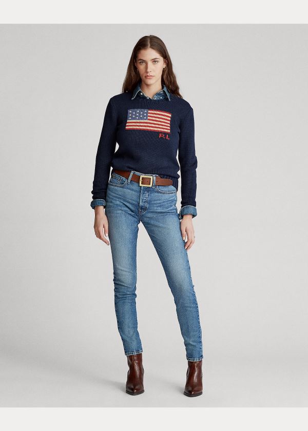 Ralph Lauren Flag Bavlněné Crewneck Svetrové Tmavě Blankyt | p6lPQkPm