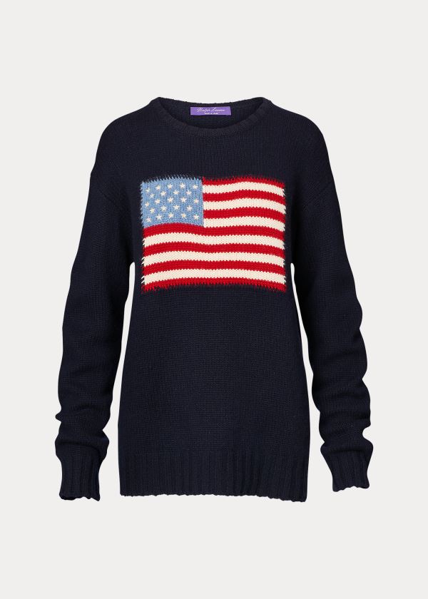 Ralph Lauren Flag Cashmere Crewneck Svetrové Tmavě Blankyt Viacfarebný | D4ETAKwf
