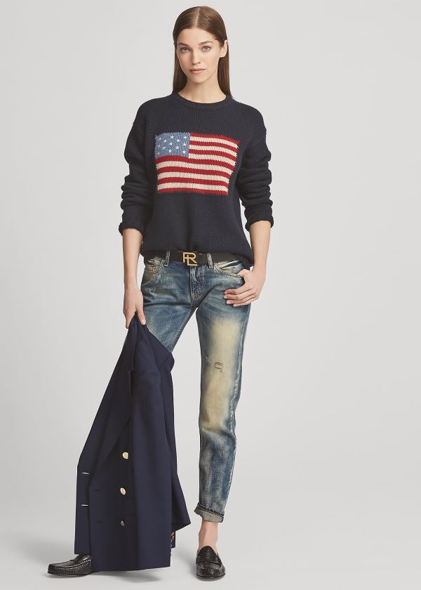 Ralph Lauren Flag Cashmere Crewneck Svetrové Tmavě Blankyt Viacfarebný | D4ETAKwf