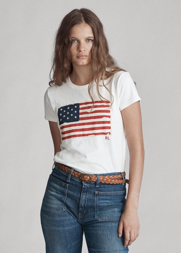 Ralph Lauren Flag Jersey Graphic T-Shirt Krém | QGNGoKa3