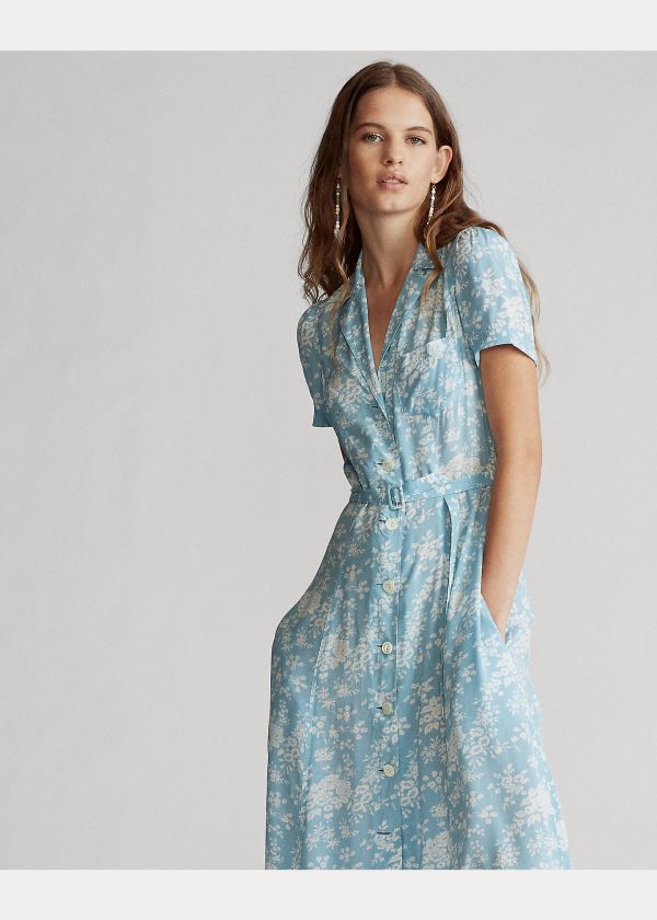 Ralph Lauren Floral Crepe Midi Šaty Blankyt Bílé | XJPZu7Cv