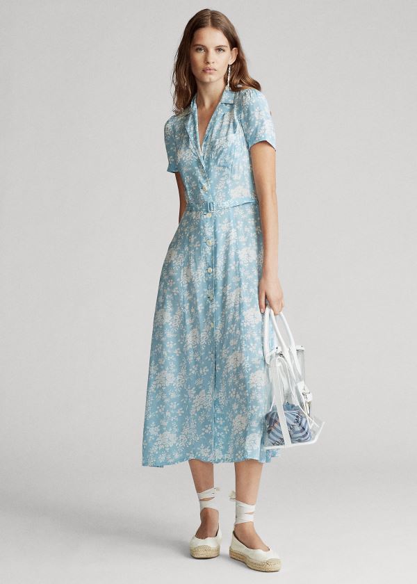 Ralph Lauren Floral Crepe Midi Šaty Blankyt Bílé | XJPZu7Cv