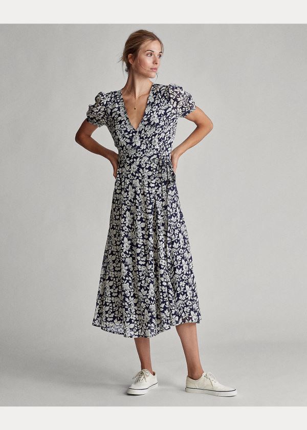 Ralph Lauren Floral Crepe Wrap Šaty Tmavě Blankyt Viacfarebný | umieTubk