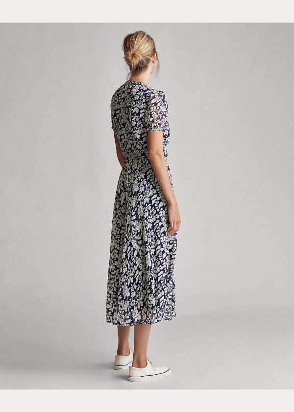 Ralph Lauren Floral Crepe Wrap Šaty Tmavě Blankyt Viacfarebný | umieTubk