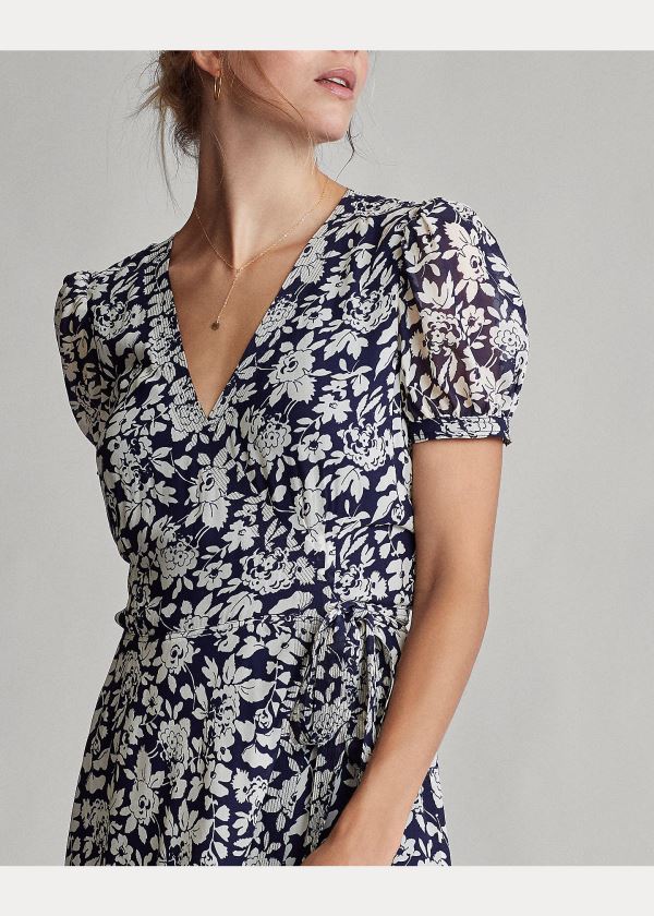 Ralph Lauren Floral Crepe Wrap Šaty Tmavě Blankyt Viacfarebný | umieTubk