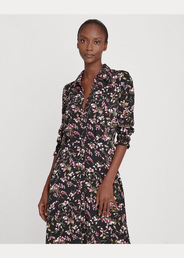 Ralph Lauren Floral Crepe Šaty Černé Růžové Viacfarebný | po55EK9o