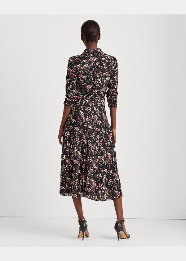 Ralph Lauren Floral Crepe Šaty Černé Růžové Viacfarebný | po55EK9o