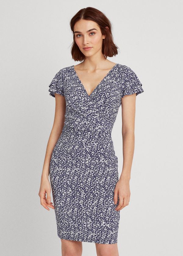 Ralph Lauren Floral Flutter-Sleeve Šaty Blankyt Krém | OL0qlvhc