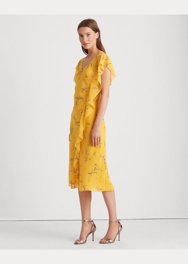 Ralph Lauren Floral Georgette Šaty Žluté Šedé Viacfarebný | 1XzONdoz