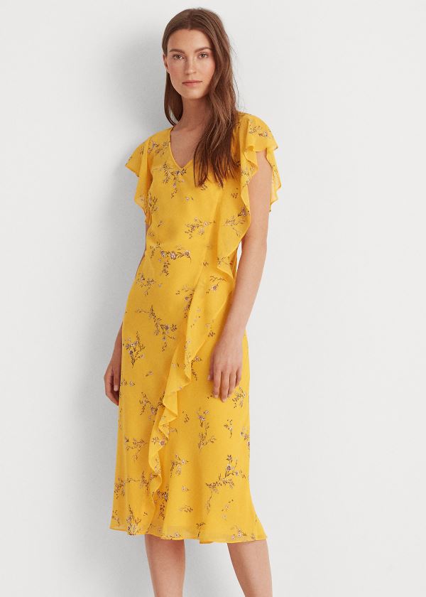 Ralph Lauren Floral Georgette Šaty Žluté Šedé Viacfarebný | 1XzONdoz