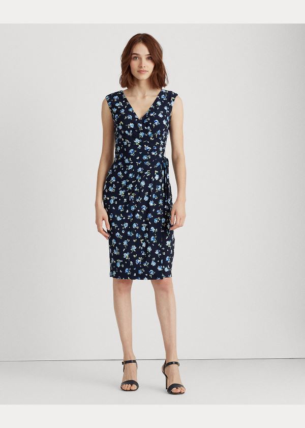 Ralph Lauren Floral Jersey Wrap-Style Šaty Tmavě Blankyt Blankyt Viacfarebný | EFIR3Ets